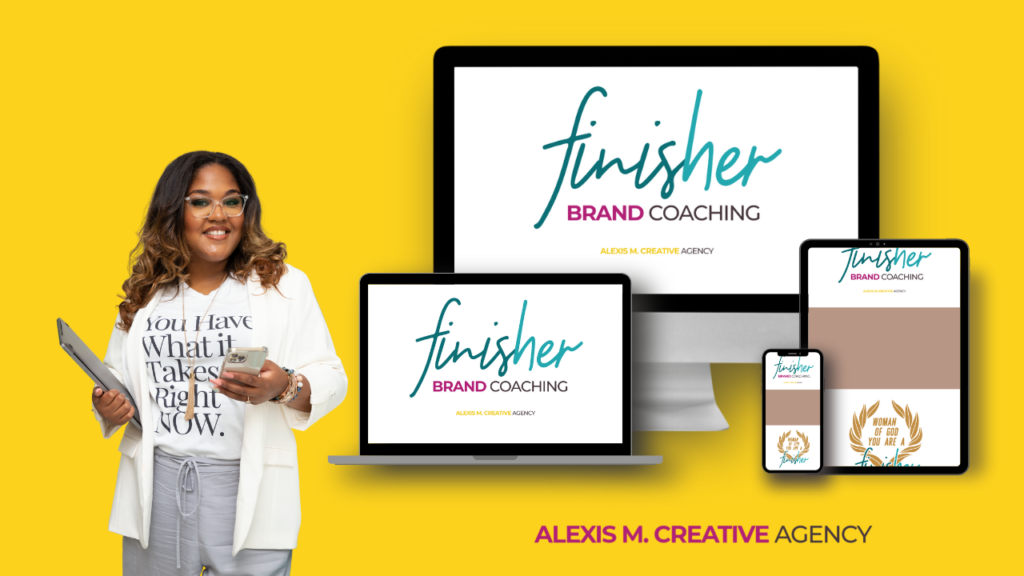 finisher coaching mockup with a photo of alexis m lott holding a cell phone and a laptop