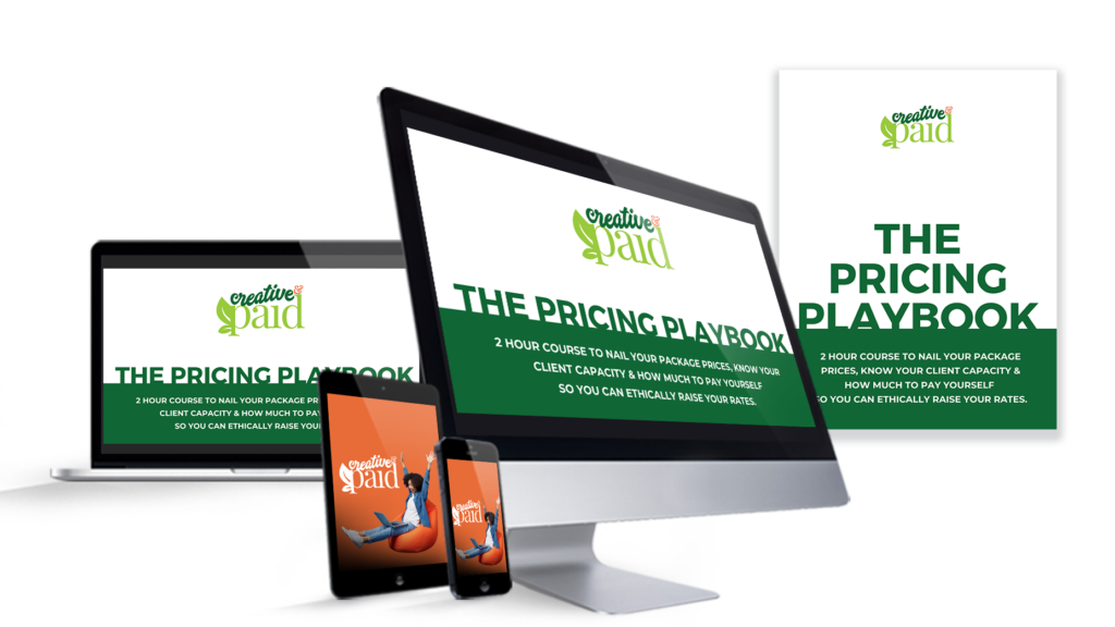 The pricing playbook computers with green and white writing as a mockup
